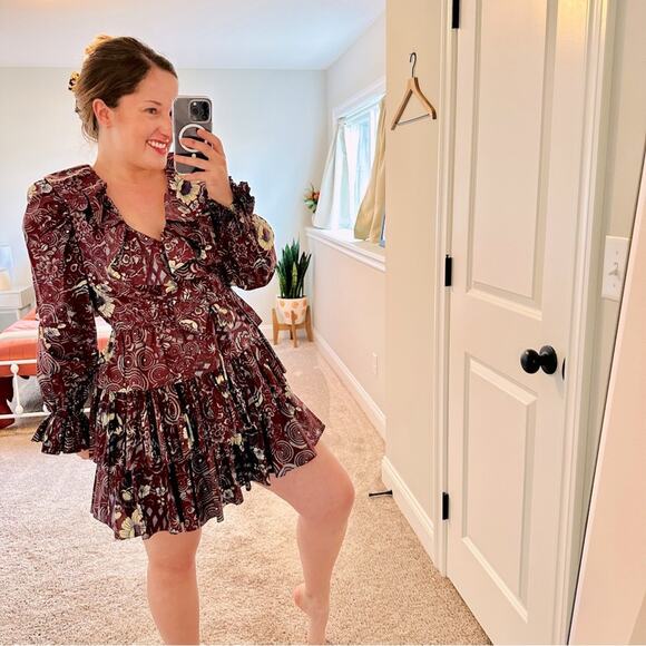 Ulla Johnson Dresses & Skirts - Ulla Johnson Maroon Blue Floral Long Sleeve Mini Dress 2